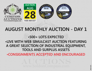 August monthly auction industrial equipment tools Compass live online auction